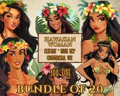 the hawaiian woman clip art bundle includes three beautiful women with flowers in their hair, and two