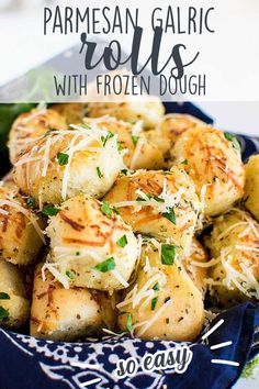 parmesan garlic rolls with frozen dough in a blue bowl