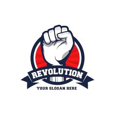 a revolution logo with a fist in the middle and ribbon around it that says revolution your slogan here