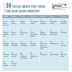 a calendar with the words social media post ideas for hair salon industry in blue and white