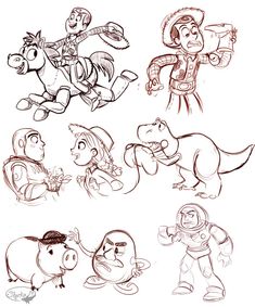 various cartoon characters drawn in pencil