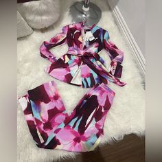 Zara Pink And Maroon Print Belted Suit Fitted Multicolor Pantsuit For Workwear, Chic Purple Spring Sets, Pink V-neck Set For Work, Pink V-neck Workwear Set, Spring Purple Fitted Sets, Fitted Purple Spring Sets, Fitted Purple Sets For Spring, Chic Purple Party Sets, Chic Fitted Purple Set