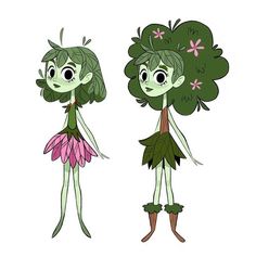 two cartoon characters, one with green hair and the other with pink flowers on her head