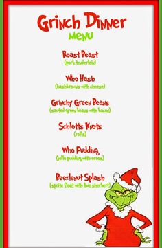 the grinch dinner menu is shown in red and green