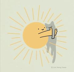 a drawing of a cat holding onto the sun