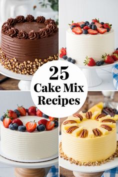 four different cakes with the words 25 cake mix recipes