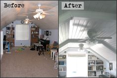 before and after photos of an attic bedroom