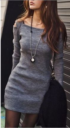 Rok Outfit, Grey Sweater Dress, Slim Dresses, Looks Style, Outfits Casuales, Jersey Dress, Look Fashion, Dress To Impress