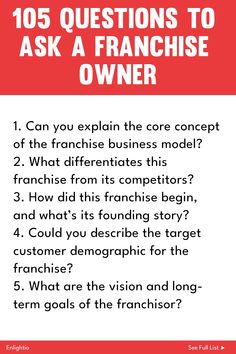 a red and white sign that says, 10 questions to ask a franishe owner