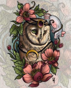 an owl and a mouse are surrounded by flowers