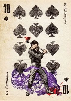 a playing card with an image of a man holding a knife in one hand and the other