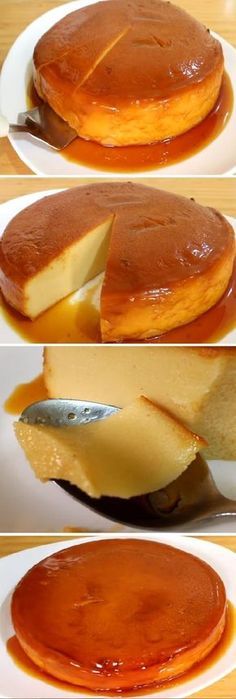 three different views of pancakes being sliced and served on white plates with caramel sauce