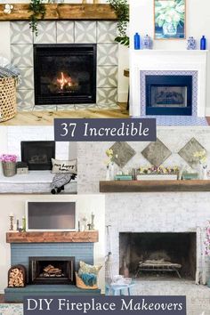 different fireplaces and mantels with the words 37 incredible diy fireplace makeovers