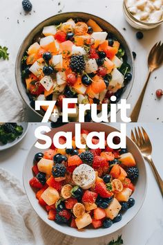 a bowl of fruit salad with the words, 7 fruit salad on top and below it