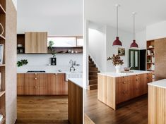 two pictures of a kitchen with wooden cabinets and white counter tops, one is open to the living room