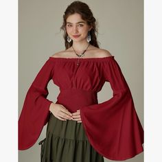 Scarlet Darkness Women Bell Sleeve Smocked Top Off The Shoulder. Renaissance Pirate Shirt Boho Peasant Blouse Tops. Size Large With Stretch: Bust: 37.5-40.5”, Waist: 30.5-34.5”, Sleeve Length 27.6” 62% Viscose, 38% Polyester Machine Wash Imported This Well-Made Renaissance Shirt Can Be Wared As Off The Shoulder Top Or As Crew Neck Top, Outfitted With Long Bell Sleeves With Delicate Lace Trim And Smocked Waist This Women Bell Sleeve Top Is Perfect For Renaissance Faire, Historical Reenactment, Ha Summer Peasant Top With Smocked Cuffs, Peasant Tops With Lantern Sleeves, Peasant Tops With Gathered Lantern Sleeves, Billowy Peasant Top With Lantern Sleeves, Peasant Tops For Fall Gatherings, Long Sleeve Peasant Top With Smocked Back, Fitted Peasant Top With Elastic Sleeves, Fall Peasant Tops For Gatherings, Fitted Peasant Blouse With Smocked Cuffs