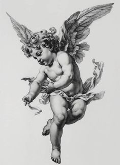 Realistic Cherub Tattoo, One Pencil Drawing, Angels Back Tattoo, High Contrast Tattoo Design, Cherubs Wallpaper, Black And White Back Tattoo, Flying Angel Tattoo, Angel Cherub Tattoo, White Art Background