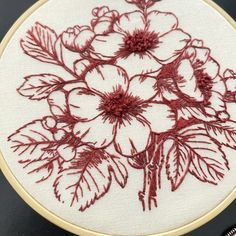 a close up of a embroidery on a piece of cloth with flowers in the middle