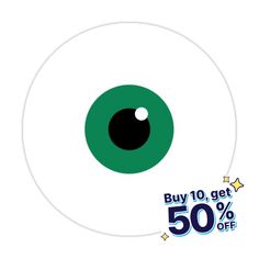 an eyeball with the words buy 10 get 50 % off on it's side