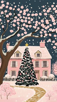 a painting of a pink house with a tree in the foreground and snow on the ground