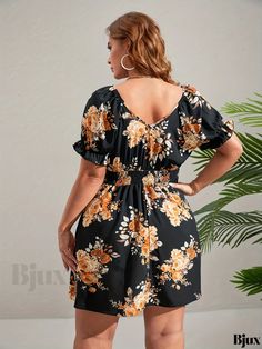 Bjux - Womens Plus Size Casual Dress: Floral Print Puff Sleeve V-Neck Shirred Waist Mini Dress Casual Ruched Mini Dress With V-neck, Plus Size Casual Dress, Floral Printing, Dress Floral, Plus Size Casual, Puff Sleeve, Wrap Dress, Casual Dress, Collar Styles