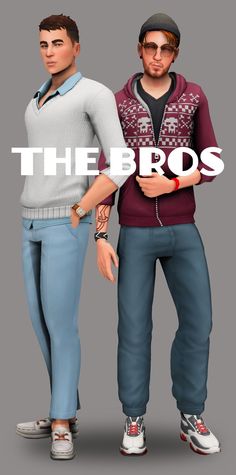 two men standing next to each other with the words the bros on them in front of them