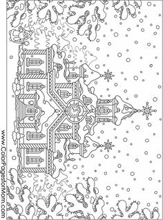 a black and white coloring page with an intricate design in the center, surrounded by snowflakes