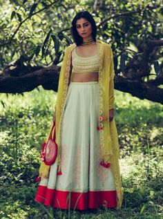 Madsam Tinzin, Blouse With Lehenga, Georgette Lehenga, Eggshell Blue, Embroidered Lehenga, Embroidered Skirt, Green Sequins, Silk Organza, Green Blouse