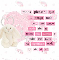 a white stuffed animal sitting on top of a pink and white background with words written in spanish