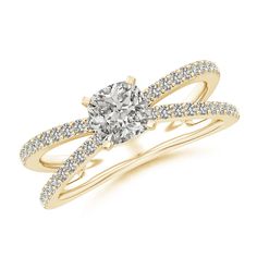 a yellow gold engagement ring set with an oval cut diamond in the center and two rows of diamonds on each band