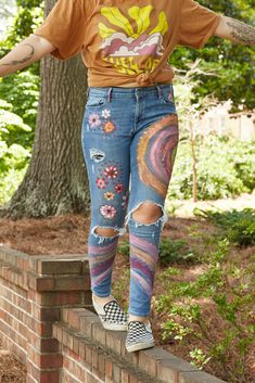 The coolest Unique, Hippie flower child jeans ever! Perfect for summer and fall music festivals...Colorful jeans that will complement any cute crop top or vintage tee for the summer season! Trendy Spring Jeans With Graphic Print, Trendy Festival Jean Shorts, Spring Festival Denim Jeans, Bohemian Summer Cotton Jeans, Bohemian Cotton Jeans For Summer, Bohemian Style Cotton Summer Jeans, Summer Cotton Jeans With Graphic Print, Summer Graphic Print Cotton Jeans, Casual Graphic Print Jeans For Spring