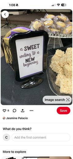 a table topped with lots of food next to a sign that reads sweet endings at night