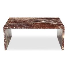 a marble coffee table with metal legs and a wooden base on an isolated white background