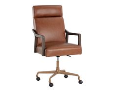 a brown leather office chair with casteors and wheels on an isolated white background photo