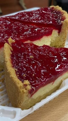 two slices of cheesecake with raspberry sauce on top