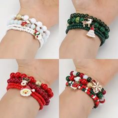 four different types of beaded bracelets on someone's wrist with christmas decorations