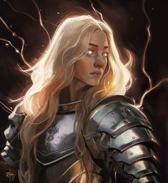 a painting of a woman in armor with lightning coming out of her eyes and hair