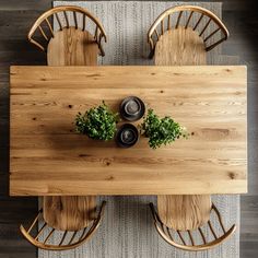 an overhead view of a wooden table with chairs and a potted plant on it