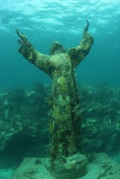 a statue is underwater in the ocean