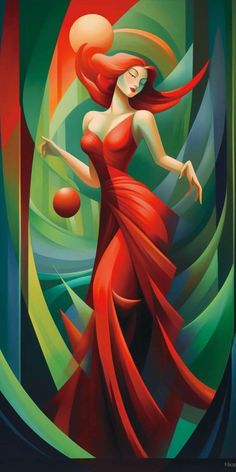 a painting of a woman in a red dress holding an orange and green ball with her right hand