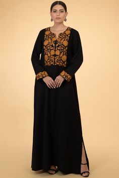 Black kaftan with placement floral motif work.
Components: 1
Fabric: Wool
Neckline: Round
Sleeve Length: Full
Color: Black
Embroidered
Split neckline
Side slits - Aza Fashions Kaftan For Women, Embroidered Kaftan, Black Kaftan, Long Kaftan, Indian Bridal Wear, Silk Kaftan, Indian Couture, Power Dressing, Kaftan Dress