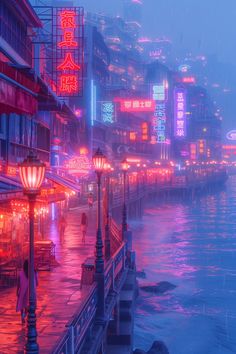 a woman walking down a street next to a body of water at night with neon lights on the buildings