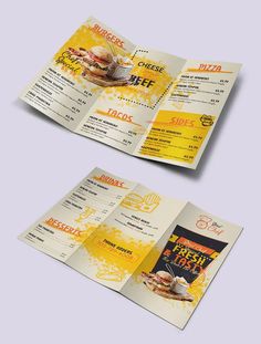 two yellow and white menus with food on them