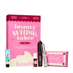 Benefit Cosmetics Beauty Whisk Taker Full-Face Beauty Palette What It Is Beauty Whisk Taker full-face beauty palette Minis of volumizing mascara, matte bronzer, & soft neutral-rose blush and fun-sizes of pore primer, lip & cheek tint, & brow-texturizing wax, plus sample of cleansing oil. What You Get Mini 0.14 oz. BADgal BANG! BIGGER, BADDER volumizing mascara Mini 0.08 oz. Hoola matte bronzer Mini 0.08 oz. Willa soft neutral-rose blush Fun-size 0.1 fl. oz. The POREfessional smoothing face primer to help temporarily improve the look of pores Fun-size 0.07 fl. oz. Benetint rose-tinted lip & cheek stain Fun-size 0.05 fl. oz. Fluff Up Brow Wax flexible brow-texturizing wax Individual sample 0.05 fl. oz. The POREfessional Get Unblocked pore-clearing makeup-removing cleansing oil What It Does R Pore Primer, Mini Mascara, Hoola Bronzer, Volumizing Mascara, Cheek Stain, Matte Bronzer, Cheek Tint, Brow Wax, Face Beauty