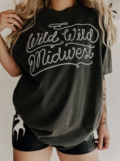 Wild Wild Midwest Tee Relaxed Fit Washed Black T-shirt With Screen Print, Oversized Washed Black T-shirt With Screen Print, Trendy Letter Print T-shirt For Loungewear, Casual Washed Black Top With Letter Print, Trendy Tri-blend Soft-washed Tops, Washed Black Short Sleeve Tops With Letter Print, Washed Black Crew Neck Graphic Tee, Washed Black Crew Neck T-shirt For Fall, Summer Washed Black Tops With Letter Print