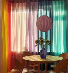 a dining room table with chairs and a vase filled with flowers