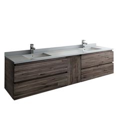 the double sink vanity is made from wood and has two faucets on each side