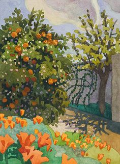 an orange tree in the middle of a field with lots of flowers and trees around it