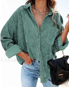 Lasaky - Classic Cotton Velvet Button-Up Cardigan with Long Sleeves, Collar, and Relaxed Fit - Luxurious and Cozy Wardrobe Essential Corduroy Blouse, Corduroy Top, Casual Chique, Oversize Women, Oversized Blouse, Shorts Skirts, Boyfriend Style, Solid Color Shirt, Button Cardigan