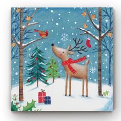 a painting of a deer in the snow with christmas decorations on it's head